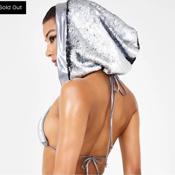 Dollskill Clubexx SUNSHINE SEQUIN BRA TOP Silver Sequin Bikini / Hood med. NWT - Picture 3 of 6